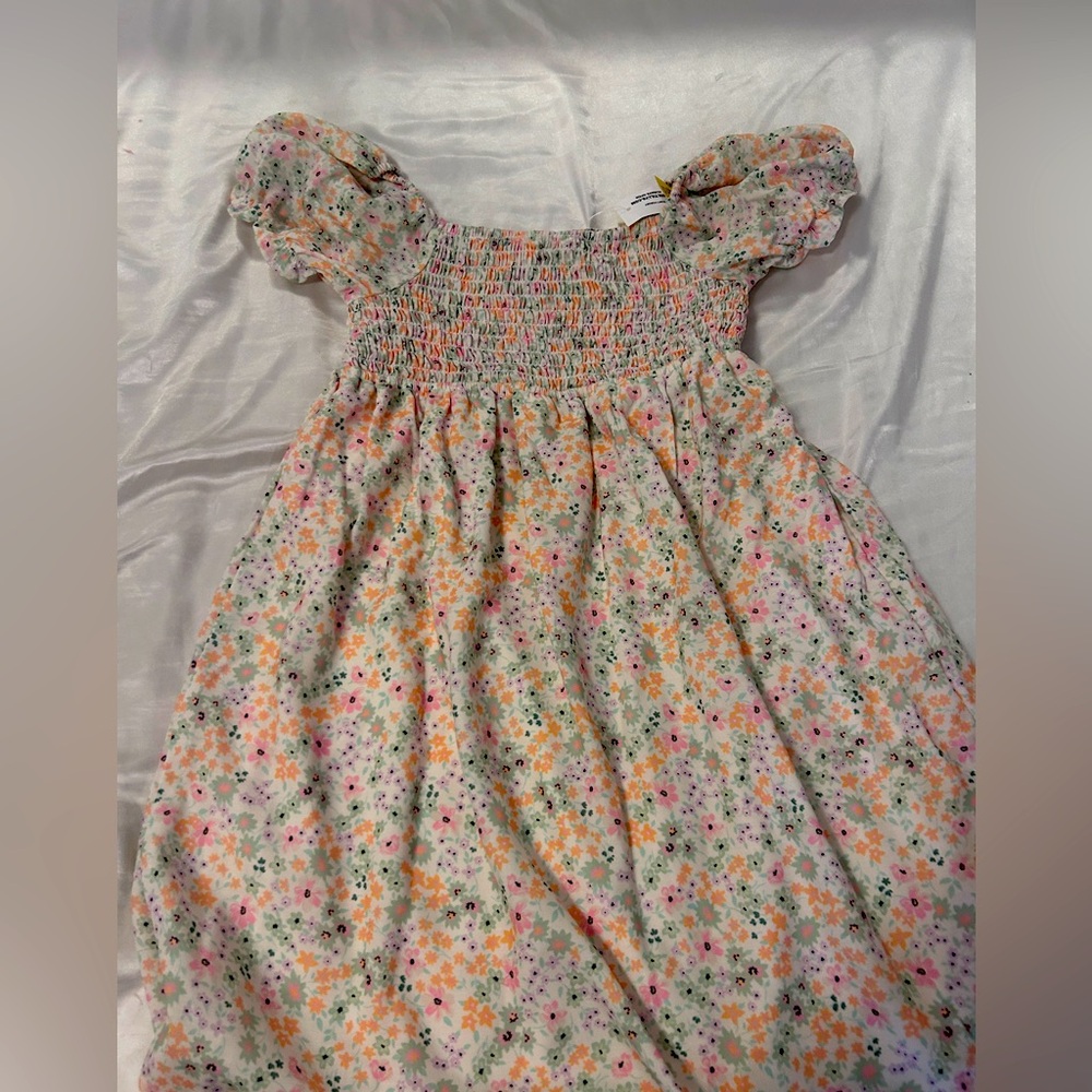 floral dress, orange, pink, green, and more colors, pastel and very nice
